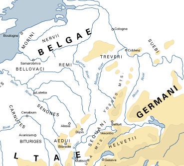 Karte mit der Position der Stmme der Helvetier,
                Germanen, Belgier und Kelten