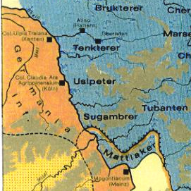 Karte mit den germanischen Stmmen
                          Usipeter und Tenkterer vor der ersten
                          Vertreibung, sdlich davon die Sugambrer