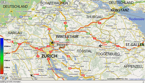 Die Anflug-Route auf Piste 28 von Norden von
                    �berlingen-Konstanz her mit Sinkflug in Richtung
                    Flughafen Z�rich Kloten von Osten her �ber dem
                    Kanton Thurgau und dann �ber das T�sstal bis
                    Bassersdorf, Flugkarte