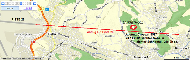 Karte mit Bassersdorf, Birchwil, der
                          Piste 28 des Flughafens Z�rich und die
                          Absturzstelle "Langetholz" des Flugs
                          Crossair 3597