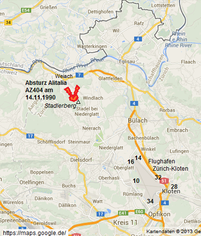 Karte mit dem Flughafen Z�rich-Kloten und
                        dem Stadlerberg mit der Absturzstelle des Flugs
                        Alitalia AZ404 am 14.11.1990