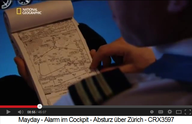 Der Copilot
                mit dem Kartenbuch mit der aufgeschlagenen Karte f�r den
                Anflug auf Piste 28 des Flughafens Z�rich-Kloten