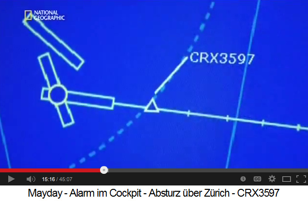 Anflugkarte
                des Flughafens Z�rich 05, Absturzstelle von Crossair
                3597: Video "Mayday", 15min.16sek.
