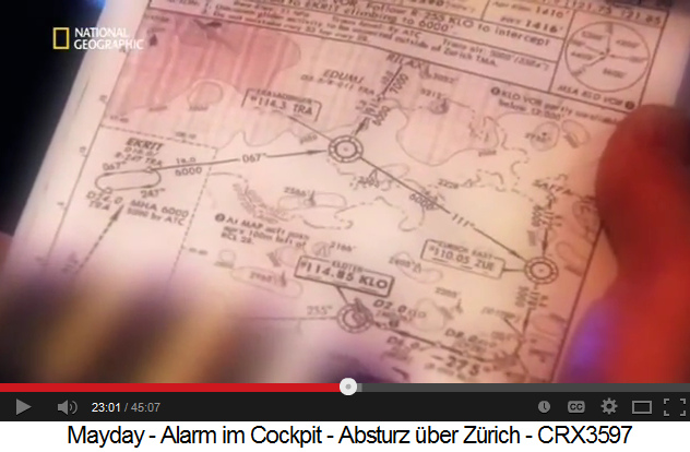 Die Flugkarte
                vom Ostanflug mit Piste 28 auf Kloten, wo die beiden
                H�gel bei Bassersdorf fehlen, Video "Mayday",
                23min.1sek.