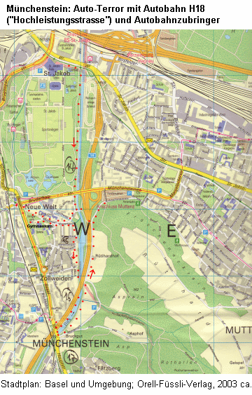 Karte mit der Wegroute (rote Punkte) mit
                Mnchenstein, Muttenz und dem Birsufer mit der Autobahn
                H18