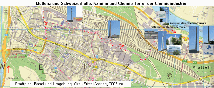 Karte mit der Wegroute (rote Punkte) in Muttenz,
                Schweizerhalle und nach Pratteln durch das
                schweizerische Zentrum des Chemie-Terrors, das
                Giftzentrum Schweizerhalle