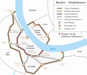Karte mit den Stadtmauern in Basel