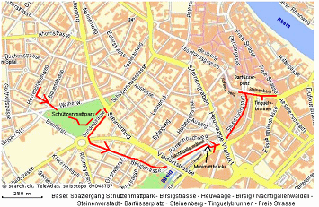 Karte / Stadtplan Spaziergang
                        Schtzenmattpark - Birsig - Tinguelybrunnen