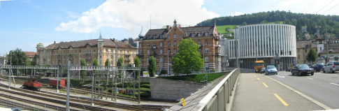 St. Gallen: St.-Leonhardstrasse, Sicht auf
                Ziegelblocks und auf das Brohaus ohne Stil