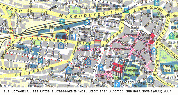 Karte: Stadtplan von St. Gallen mit
              dem Spaziergang vom 14.8.2007 Teil 1: Leonhardstrasse -
              Davidstrasse - Schreinerstrasse - Gartenstrasse