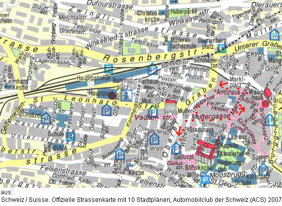 Karte: Stadtplan von St. Gallen vom Spaziergang vom
              14.8.2007 Teil 2: Multergasse - Marktgasse - Neugasse -
              Webergasse