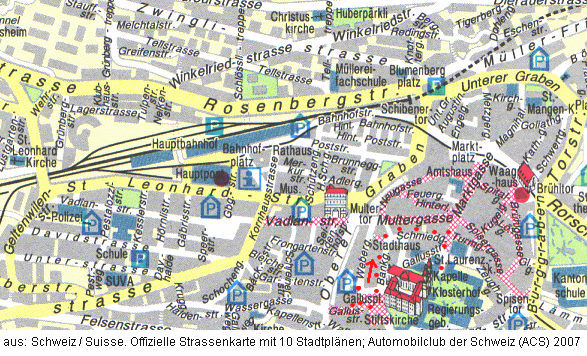 Karte: Stadtplan von St. Gallen mit
              dem Spaziergang (rote Punkte) vom 14.8.2007 Teil 3:
              Gallusplatz - Gallusstrasse - Schmiedgasse - Marktgasse