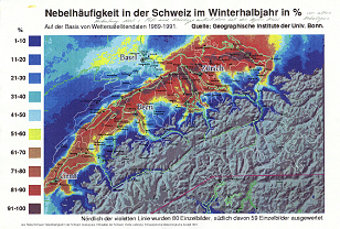 Nebelkarte der Schweiz fr das
                            Winterhalbjahr - das gesamte Mittelland
                            versinkt im Winter fr 4 bis 6 Monate pro
                            Jahr im Nebel, und die Wetterstatistik gibt
                            Sonnentage an und verschweigt den Nebel