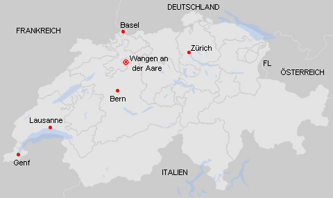 Die
                        Karte der Schweiz mit Wangen an der Aare im
                        Kanton Bern nahe des Kantons Solothurn