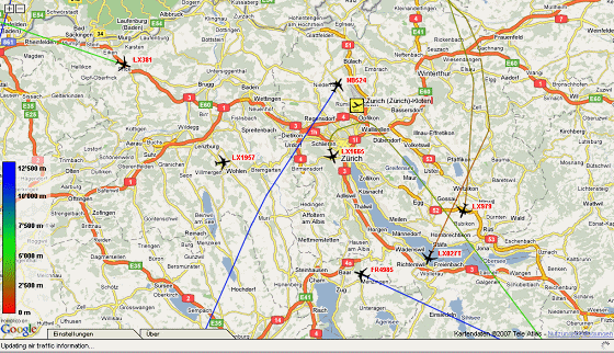 Karte 28: 1.12.2007, Sa, 21:10 Uhr, Anflug
                        auf die Spitzkehre ber dem Kanton Schwyz, und
                        ein Kreisel ber Zrich
