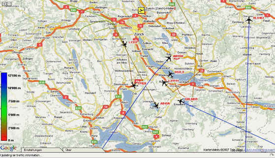 Karte 37: 1.12.2007, Sa, 21:29 Uhr,
                        Sdanflug-Kehrtwende ber dem Sihlsee und ber
                        Wollerau