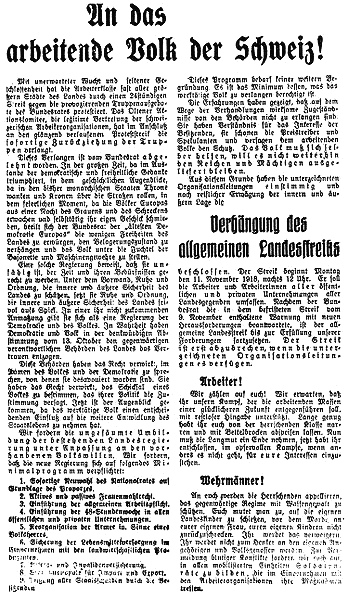 Flugblatt des Oltener Komitees mit dem
                        Aufruf zum allgemeinen Landesstreik vom 10.
                        November 1918 mit dem Titel "An das
                        arbeitende Volk der Schweiz!" [7]