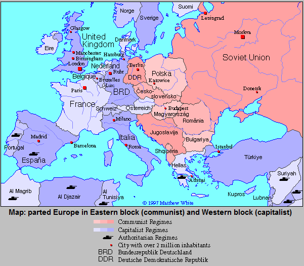 Karte mit dem geteilten Europa
                1970 in Ostblock und Westblock