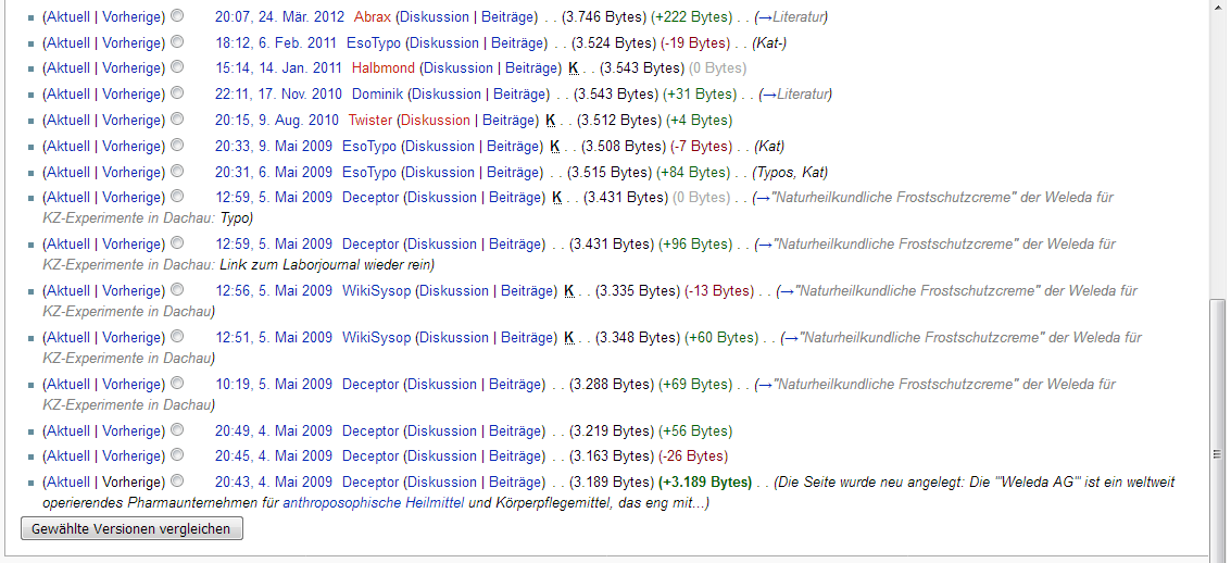 Die Versionsgeschichte des
                Hetzartikels von Mossad-Psiram gegen Weleda seit
                4.5.2009 (Die Seite wurde neu angelegt)