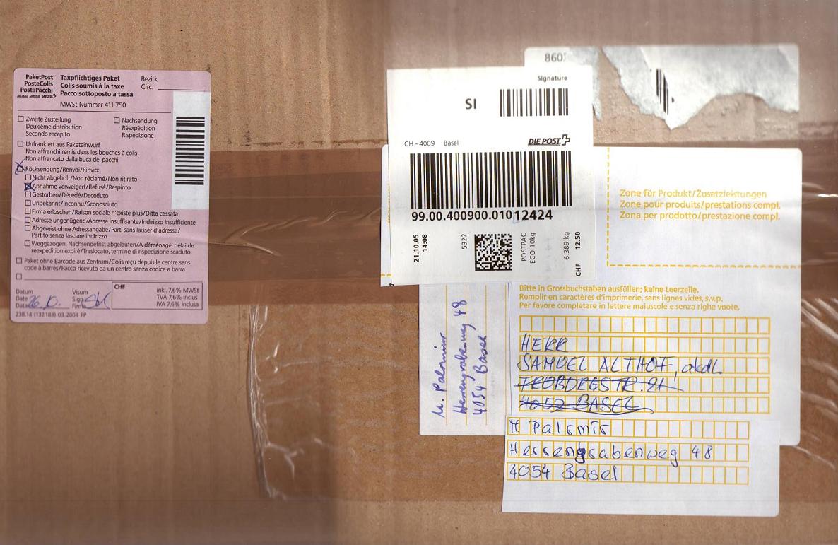 Am 26.10.2005 liess
Samuel Althof ein Aktenpaket mit Akten aus der
Encyclopaedia Judaica ungeöffnet retournieren.
Er hat damit nachweislich den Holocaust nicht
ernst genommen. Und Herr Althof war dabei derart
verwirrt, dass er das Paket zuerst an sich
selbst adressierte... Am 26.10.2005 liess Samuel Althof ein
Aktenpaket mit Akten aus der Encyclopaedia
Judaica ungeöffnet retournieren. Er hat damit
nachweislich den Holocaust nicht ernst genommen.
Und Herr Althof war dabei derart verwirrt, dass
er das Paket zuerst an sich selbst
adressierte...