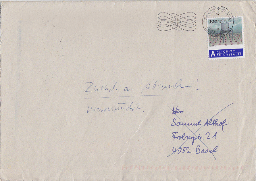Samuel Althof will
nicht lesen: Samuel Althof retournierte einen Brief von
Michael Palomino vom 8.1.2008 (Poststempel vom 9.1.2008)
ungeöffnet mit der Bemerkung, dass der Autor
"unerwünscht" sei. Samuel Althof will nicht lesen:
Samuel Althof retournierte einen Brief von Michael
Palomino vom 8.1.2008 (Poststempel vom 9.1.2008)
ungeöffnet mit der Bemerkung, dass der Autor
"unerwünscht" sei.