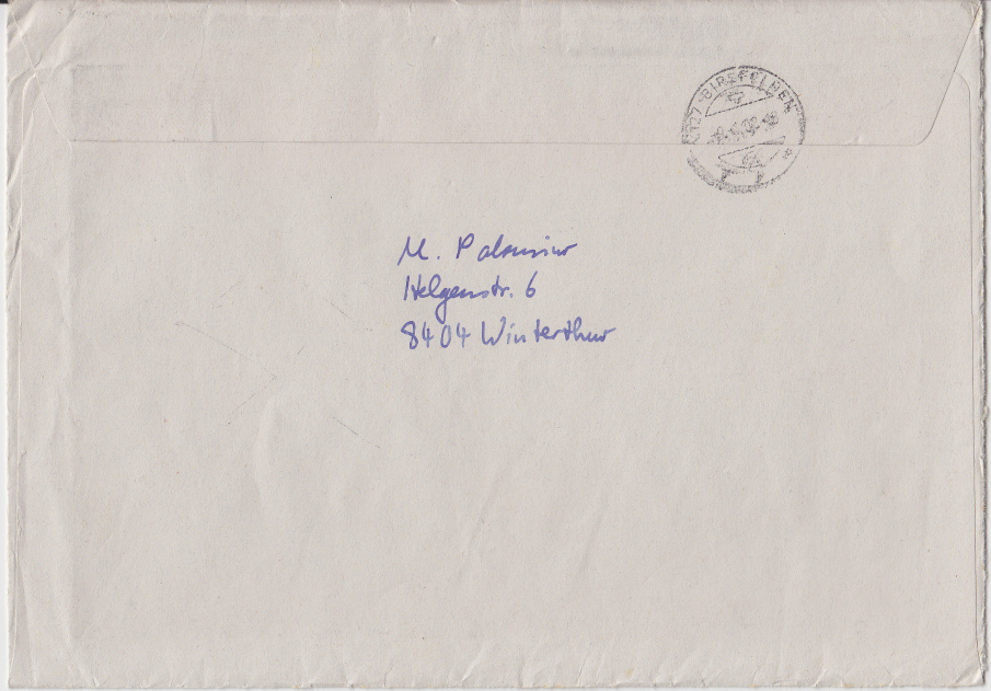 Der Poststempel aus Birsfelden, wo
              Samuel Althof den Brief retour laufen liess,
              eigenartigerweise auch vom 9.1.2008, 18 Uhr