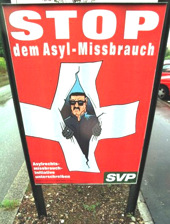 Criminal and Fascist poster of SVP during
                        the collection of signatures for the people's
                        vote against asylum abuse 1998/1999 [4] stating
                        all foreigners would be violators