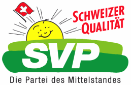 Das Logo der Nazi-SVP mit einer grnen
                          Wiese, gelber Sonne und rot-weisser Schweizer
                          Fahne