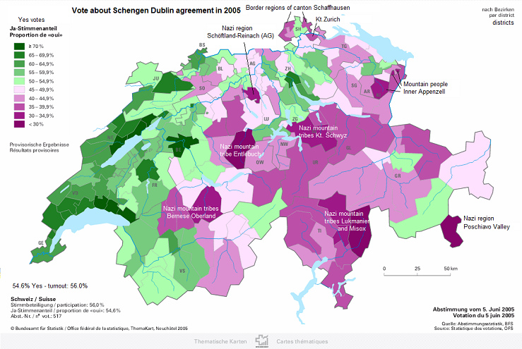 Swiss map with the people's vote
                              about Schengen and Dublin agreements in
                              2005