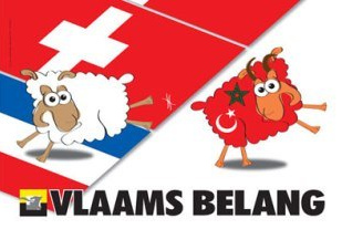 Plakat der Vlaams-Partei in
                  Belgien mit einem roten Schaf mit trkischem Halbmond,
                  2010