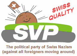 Logo of Nazi SVP with a gray
                                meadow, brown sun and Swiss flag in
                                brown and white