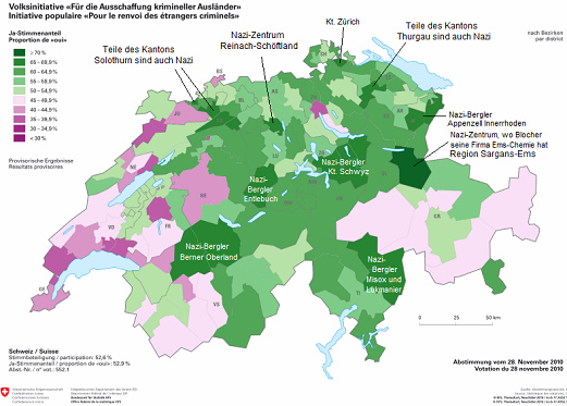Map of Switzerland with the result of
                            the deportation initiative of November 28,
                            2010 according to districts: 52.95% Yes, but
                            no split
