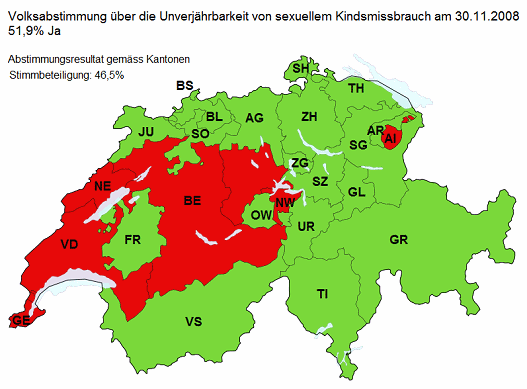 Map of Switzerland with the result
                            about child abuse being exempt from the
                            statue of limitations according to cantons