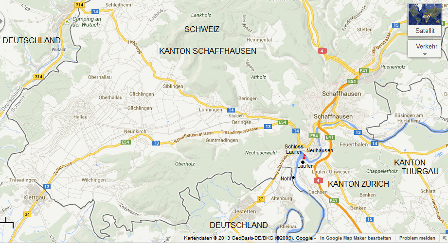 Karte mit Laufen-Uhwiesen,
                    Laufen, Schloss Laufen, Nohl, Schaffhausen und
                    Hallau