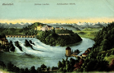 Rheinfall mit Schloss Laufen und dem
                            Schlsschen Wrth, das mitten im Rhein
                            liegt, unten rechts Nohl, der Rheinsteg
                            fehlt