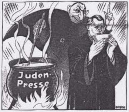 "Faust and
                              Mephisto" [10]: The devil is
                              preparing a poison soup in his pot called
                              "Jewish Press", and the text
                              below states: "With this beverage in
                              your stomach you will serve the Jews - and
                              you will slap your brother." In: Der
                              Strmer, edition of July 1932 (magazine
                              29)