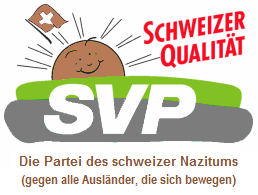 SVP-Logo mit grauer Wiese, brauner
                                Sonne und braun-weisser schweizer Fahne
