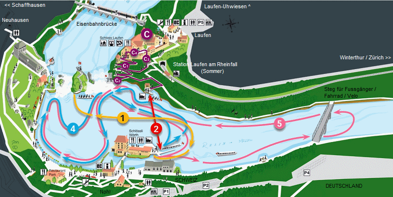 Karte mit dem Rheinfall, Laufen,
                            Schloss Laufen, Neuhausen, Nohl, dem Steg
                            von Nohl und Schloss Wrth