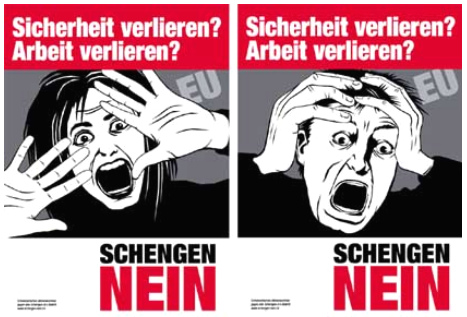 Schreckplakate der
                            SVP 2004 gegen das Schengen-Abkommen 2004