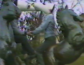 Hausbesetzung
                          Badenerstrasse Nr. 2, Vogelmasken auf dem
                          Pferdedenkmal