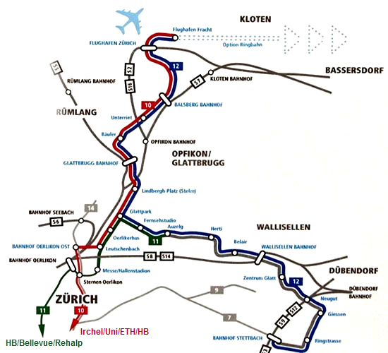 Plan der Glattalbahn mit
                        den Tramlinien 10, 11 und 12