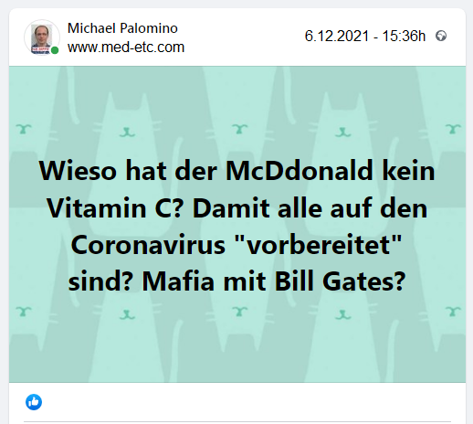 Essen ohne Vitamin C
                      6.12.2021: Wieso hat der McDdonald kein Vitamin C?
                      Damit alle auf den Coronavirus
                      "vorbereitet" sind? Mafia mit Bill
                      Gates?
