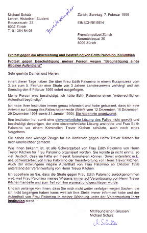Kriminelles Bundesamt fr
                            Auslnderfragen 7.2.1999, Protestschreiben
                            von Michael Palomino (damals Michael Schulz)
                            gegen die Ausschaffung von Edith Palomino