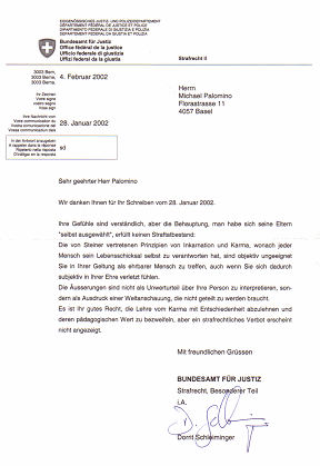 Kriminelles Bundesamt fr Justiz lsst
                            die Behauptung zu, dass Kinder sich die
                            Eltern selbst ausgewhlt htten, Brief vom
                            4. Februar 2002