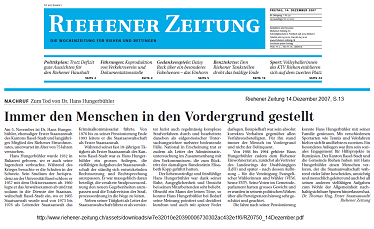 Hans Hungerb�hler Nachruf vom
                14.12.2007, Riehener Zeitung
