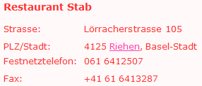 Restaurant Stab, L�rracherstrasse 105,
                          4125 Riehen, Adresse aus dem Branchenbuch
                          Cylex der Schweiz