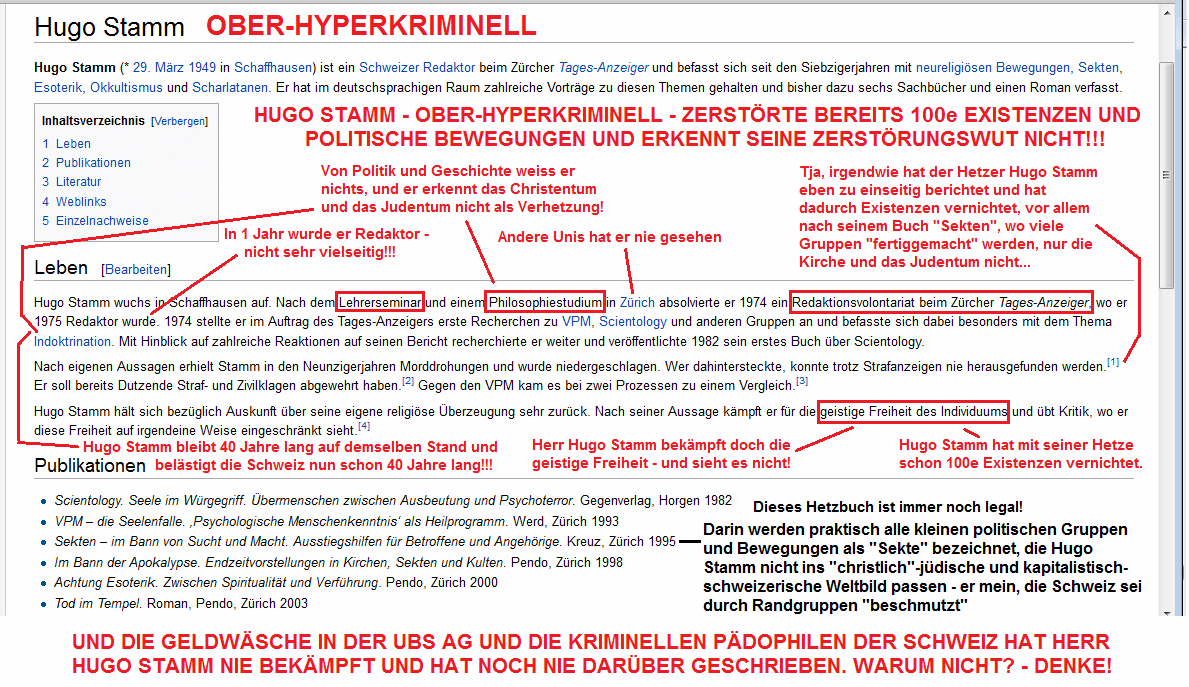 Der
                          Wikipedia-Eintrag �ber Hetzer Hugo Stamm,
                          Analyse