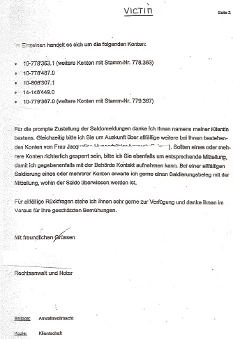 Anwaltsbrief an die UBS AG mit der
Nachfrage, wie viele Konten mit dem Namen
"Jacqueline Hungerbühler" bereits
geschaffen wurden, Seite 2 Anwaltsbrief an die UBS AG mit der
Nachfrage, wie viele Konten mit dem Namen
"Jacqueline Hungerbühler" bereits
geschaffen wurden, Seite 2