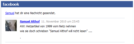 Samuel Althof am 11. November 2010 auf
                          Facebook mit der einzigen Antwort, die er dem
                          Pionierhistoriker Palomino jemals gegeben hat:
                          "Wie sie doch schreiben: Samuel Althof
                          will nicht lesen" ....