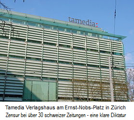 Die TA
                              Media-Mediendiktaturgruppe am Nobs-Platz
                              in Z�rich, hier werden �ber 30 schweizer
                              Zeitungen zensiert